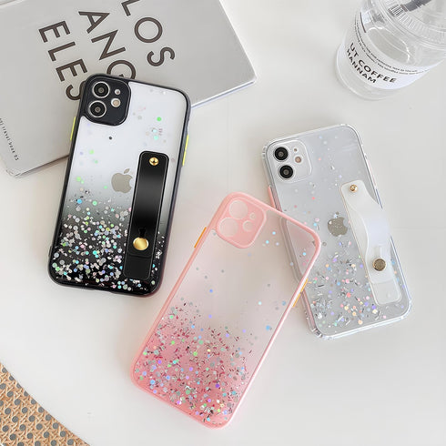 siduater Strap Holder Case for 6.1" iPhone 12 with Wristband Kickstand, Bling Glitter Clear Cover Soft TPU Bumper