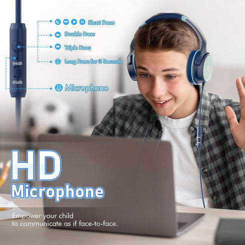 Kids Headphones - Foldable HD Stereo Sound with Safe 85dB/94dB Volume Limiter for Teens, Boys, Kindle, iPad, Laptop.