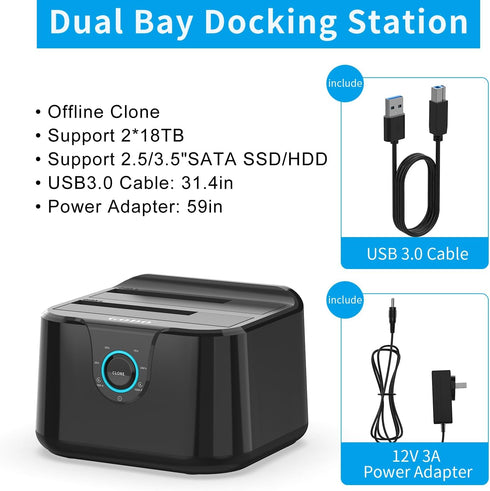 GODO 3.0 2.5/3.5 inch (5 USB to SATA III Mini Dual Bay External Hard Drive Docking Station for HDD SSD,Support Offline