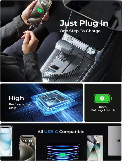 LISEN 65W USB C Car Charger Adapter, Fast Charging 5Ft 30W USB C Coiled Cable for iPhone 15, PD & QC3.0 Car Charger for
