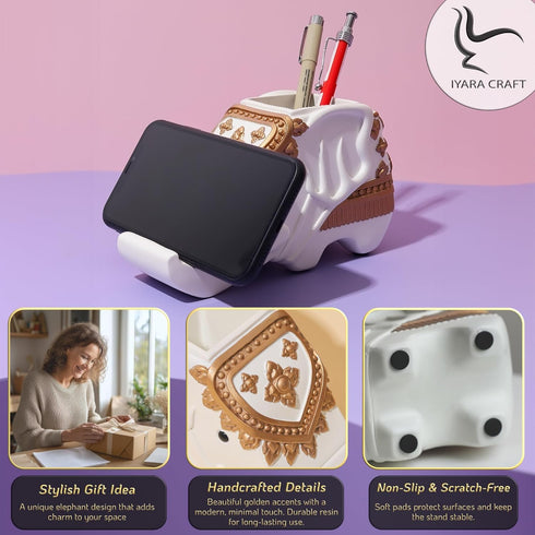 Elephant Phone Stand and Desk Organizer Multi-Purpose Ceramic Holder for Smartphone, Pens, Remote, Home Office