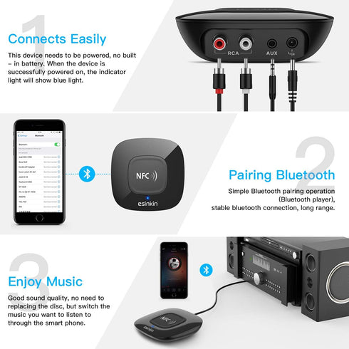 esinkin Bluetooth Receiver Wireless, NFC-Enabled Audio Adapter 4.0 for HD Home Stereo Music Streaming, 3.5mm (AUX and