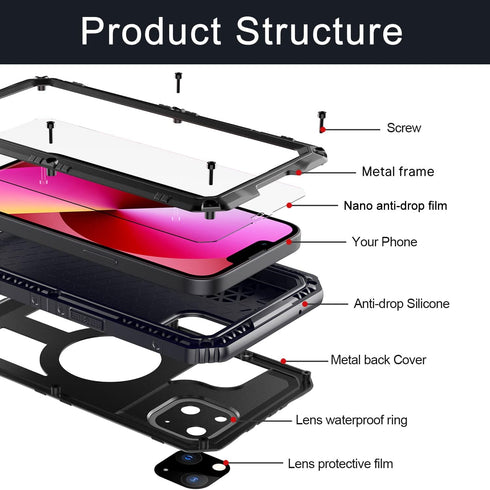 Waterproof Case for iPhone 13 Pro 6.1 Inch, Marrkey Heavy Duty Durable Metal Full Body Protection Case, Shockproof,