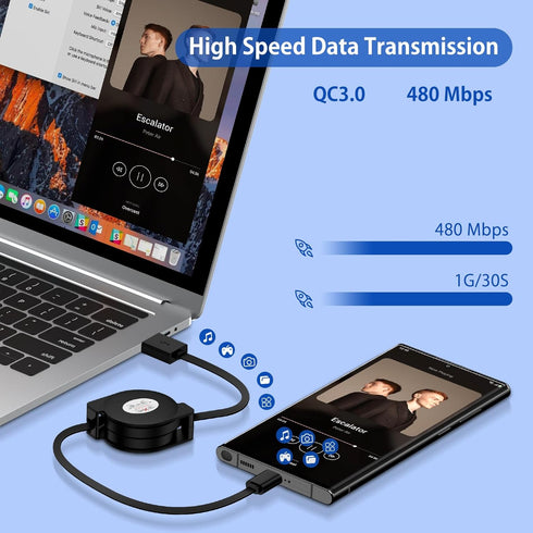 USB Type C Cable Fast Charging 3.3FT Retractable Charger for Samsung Galaxy A25/A35/A54/A14/A15/S24 Ultra/iPhone 15