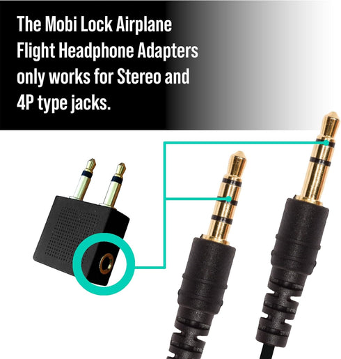 Gold Plated Airplane Flight Headphone Adapters (Pack of 2) by Mobi Lock, Use Earphones with In-Flight Media