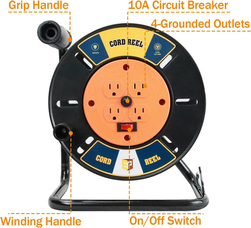 EP Extension Cord Storage Reel with 4-Grounded Outlets, Heavy Duty Open Cord Reel for Power Cords