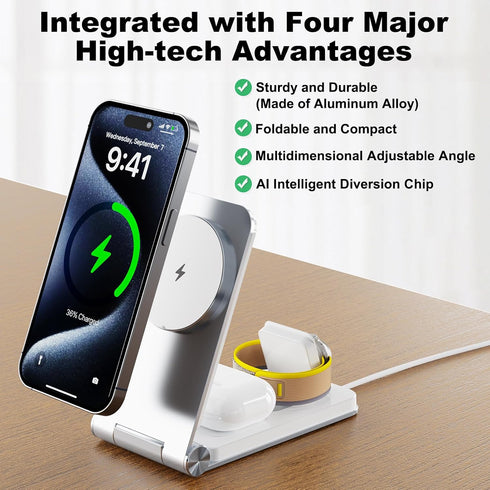 Foldable Aluminum Alloy 3 in 1 Magnetic Wireless Charger, Charging Station for Travel/Home/Office, Compatible with