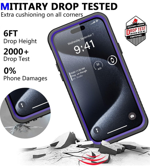 iPhone 15 Pro Max Case Waterproof, Built-in Screen Protection, IP68 Underwater, Military Dropproof, Purple