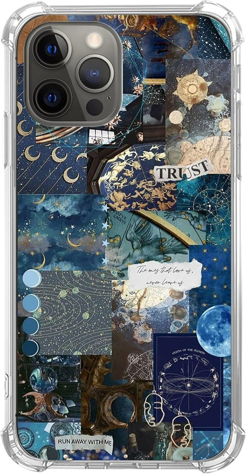 Aesthetic Celestial Sun and Moon Collage Case for iPhone 14 Pro Max, Dark Blue TPU Bumper Cover for Girls Boys