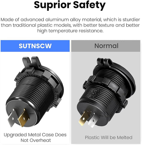 12V USB Outlet, 4 USB Port Aluminum Charger Socket 2 USB C PD & 2 USB QC3.0 with Voltmeter, 12V/24V Car USB Charger Socket for Car Boat Marine Bus Truck Golf RV Motorcycle and More 1-Pack