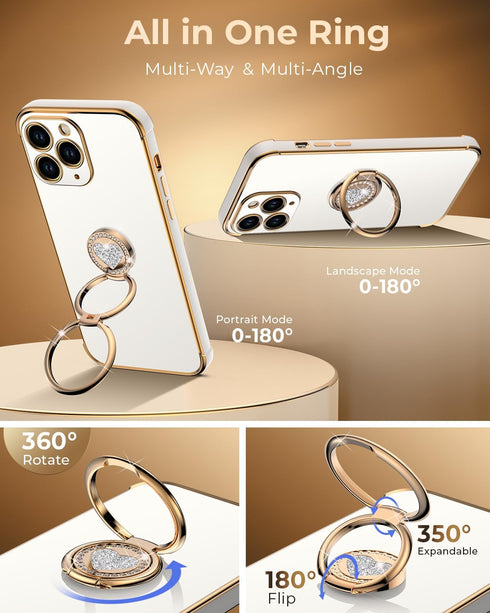 XYZ iPhone 11 Pro Max Case, White, with Stand, Double Ring Kickstand, Women Girl Cute Love-Heart Luxury Bling