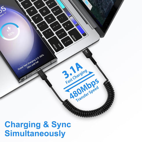 USB to USB C Coiled Cable - Fast Charging for iPhone 16/16 Pro/16 Pro Max/16 Plus/15/15 Pro, 3FT Retractable Cord