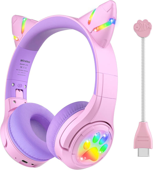 Riwbox CF9 Cat Ear Kids Bluetooth Headphones with LED Light Up,Safe 85dB