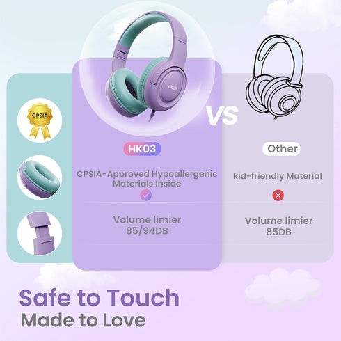 85/94dB 3.5mm Headset HK03 acer Kids Headphones - Over-Ear Volume Limiter, Jack Foldable Stereo Sound for Toddlers
