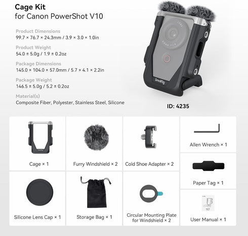 SmallRig Cage Kit for Canon PowerShot V10, Includes Furry Windshields, Lens Cap, Storage Bag, Reduces Wind Noise
