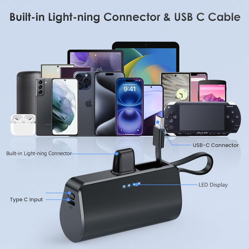 Pxwaxpy 5200mAh 20W Pack 16/15/14/13/12, Mini Portable Charger for iPhone with Built-in Type-C Cable, Ultra-Compact
