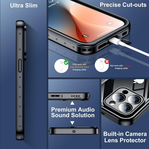 SPIDERCASE Waterproof Case for iPhone 14 Pro Max, Military Dropproof, Built-in Screen Protector, IP68, Black