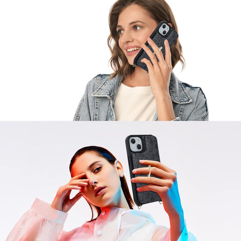 iPhone 13 Case with Card Holder for Women, Phone Case with Strap, Crossbody Lanyard, Ring Stand, Snap Clasp, Cute