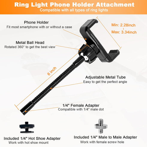 Ring Light Phone Holder - Universal Phone Mount for Ring Light with 1/4 and Hot Shoe Adapter, Flexible for Tripod Stand