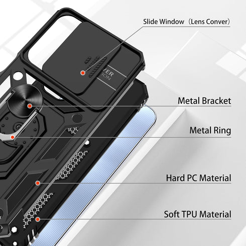 Samsung Galaxy A25 5G Case with Slide Camera Cover & Screen Protector*2, 360° Rotating Ring Kickstand, Military Grade