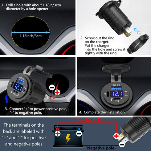 12V USB Outlet Qidoe USB C Car Charger Socket Dual PD 30W and 18W QC3.0 Port with Voltmeter Button Switch, Lengthened