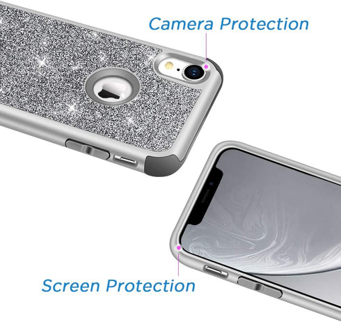 Hython Heavy Duty iPhone XR Case, Full-Body Defender Protective Bling Glitter Armor Hybrid Shockproof Cover, Gray
