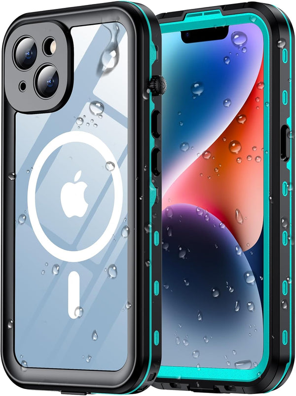 Temdan Magnetic Waterproof Case for iPhone 14 - Blue, Compatible with MagSafe, IP68 Underwater, Built-in Camera Lens &