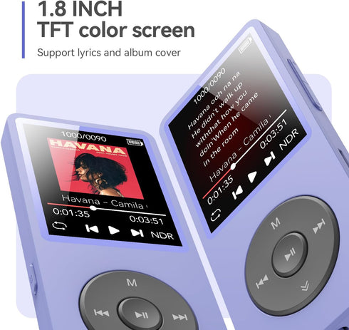 AGPTEK A02 MP3 5.3, 1.8 inch 128GB(Purple, 32GB) Player with Bluetooth Screen Portable Music Player with Speaker, FM