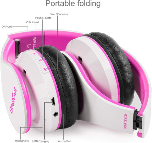 2024 Kids Bluetooth Headphones BT6002 Wireless Headphones for Kids Children Adults for School Foldable Headset for 18 Hours for PC/Phone/Tablets/TV (White/Pink)