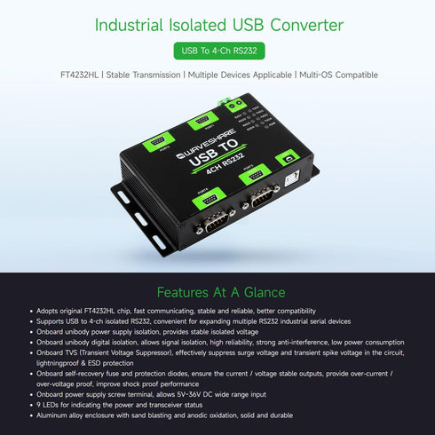 Waveshare Industrial Isolated USB to 4CH RS232 Converter (DB9 Female Interface), Adopts Original FT4232HL Chip,