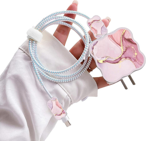 Cute DIY Cable Protector for iPhone Charger, Kawaii Luxurious Marble Pattern Data Line Saver for iPhone 11 12 13 14 Pro