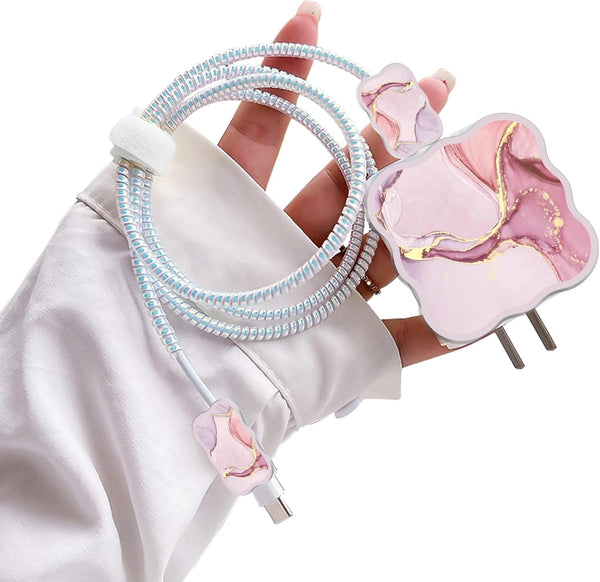 Cute DIY Cable Protector for iPhone Charger, Kawaii Luxurious Marble Pattern Data Line Saver for iPhone 11 12 13 14 Pro
