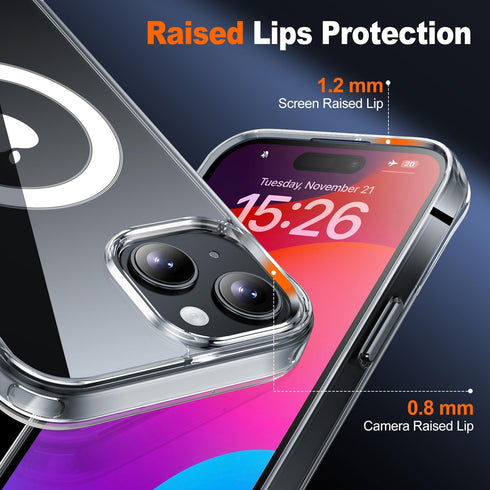 JAME Clear iPhone 15 Case, Shockproof Slim Fit, Magnetic, Compatible with MagSafe, Includes 2 Glass Screen Protectors.