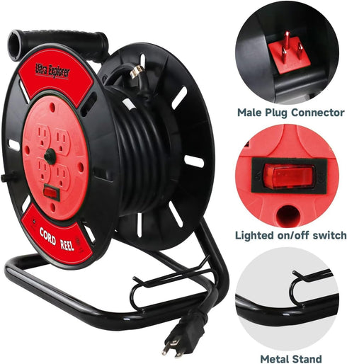 Extension Cord Storage Reel with 4-Grounded Outlets - Heavy Duty Open Cord Reel for 12/3 14/3 16/3 Power Cords