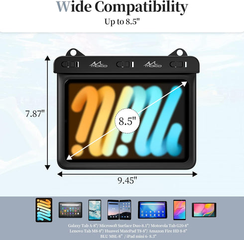 MoKo Waterproof Tablet Case for Fire HD 8/Fire 7, iPad Mini 6/5/4/3, Galaxy Tab Pro 8.4, Stand Holder Dry Bag (Black)