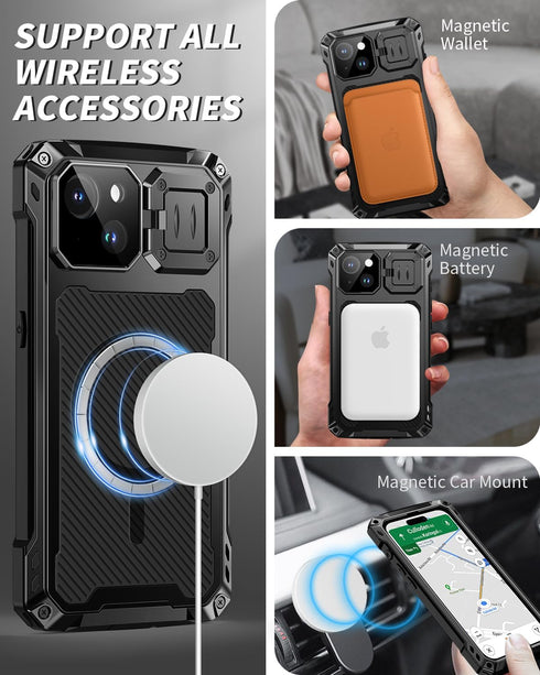 Lanhiem Magnetic Metal Case for iPhone 14, Built-in Camera Kickstand & Glass Screen Protector, Black