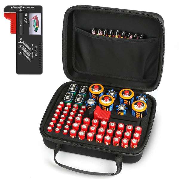 Waterproof Battery Organizer Storage Case with Tester BT-168, Holds 60+ AA AAA C D 9V Batteries (Batteries Not Included)