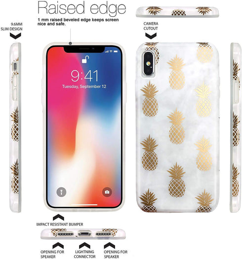 JAHOLAN Clear Bumper TPU Soft Rubber Silicone Case for iPhone Xs Max 2018, Shiny Rose Gold Pineapples Marble Design