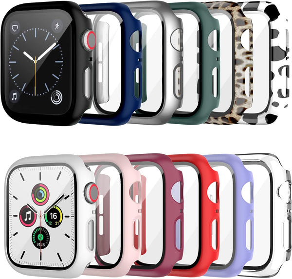 Cuteey 12 Pack Case with Tempered Glass Screen Protector for Apple Watch 44mm, Full Matte Leopard Cow Pattern, 12 Colors