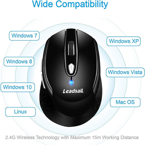 LeadsaiL Wireless Mouse for Laptop - 2.4G Portable Slim Cordless Optical Mouse with 6 Buttons, USB for Windows and Mac