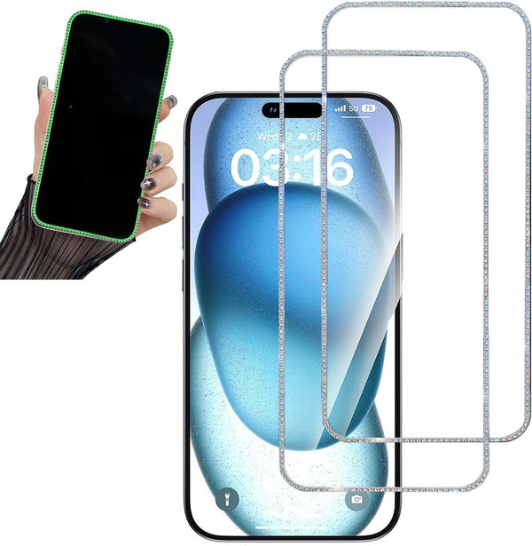 2PCS Diamond Bling Glitter Screen Protector for iPhone 14 Pro/15, 6.1" Tempered Glass, Sparkling Shine at Night.
