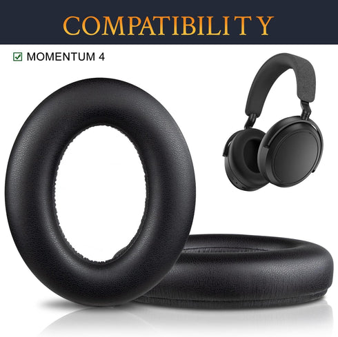 SOULWIT Protein Leather Earpads Replacement for Sennheiser Momentum 4 Over/Around Ear Wireless Headphones, Ear Pads Cushions with High-Density Noise Isolation Foam - Black