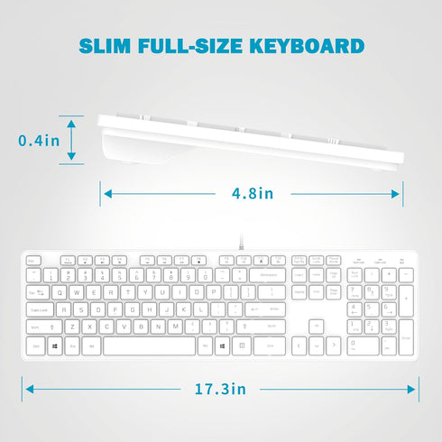 Wired USB Keyboard, Comfortable Quiet Chocolate Keys, Durable Ultra-Slim QWERTY Layout for PC, Windows 11/10/8/7 - White