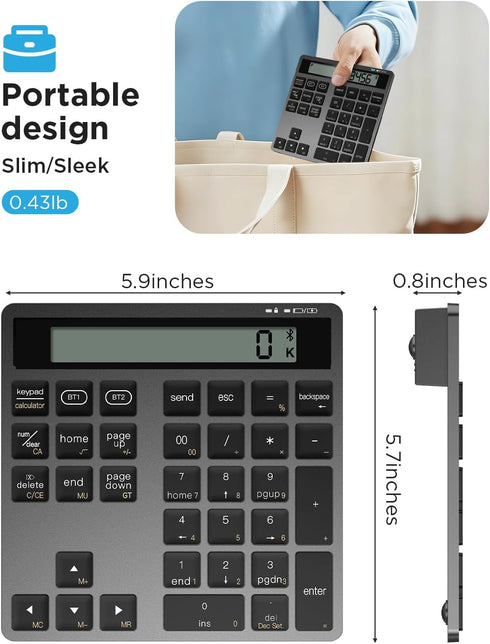 HoRiMe 34 2 1 Number Pad for Laptop - Rechargeable Wireless Number Keypad Keys with Dual Bluetooth, in Numeric Keypad