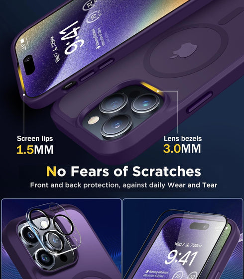 BossKiss Ultra Strong Magnetic iPhone 15 Pro Case, Slim Translucent Matte, Deep Purple, with Glass Screen & Camera