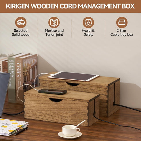 Kirigen Cord Management Box - Wooden Cable Organizer to Hide Power Strips and Electrical Plugs (Set of 2, Dark Brown)
