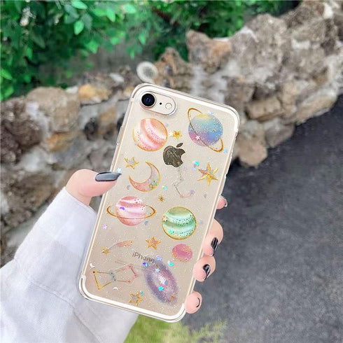 Abbery Cute Clear Moon Stars Case for iPhone SE 2022/SE 2020, Ultra Thin Bling Glitter Soft Silicone Protective Cover
