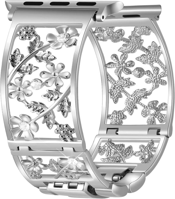 Floral Band Compatible with Apple Watch - Jewelry Band 38mm 40mm 41mm 42mm, Bling Crystal Bracelet, Silver