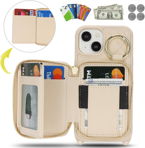 Hamany 15, 5G 6.1 Inch-White Crossbody Wallet Case for iPhone PU Leather Zipper Handbag Purse Flip Cover, Kickstand