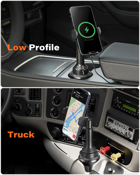 APPS2Car Solid Cup Holder Phone Mount with Wireless Charger 15W, Quick Extension Long Arm, 360 Rotatable for iPhone 15